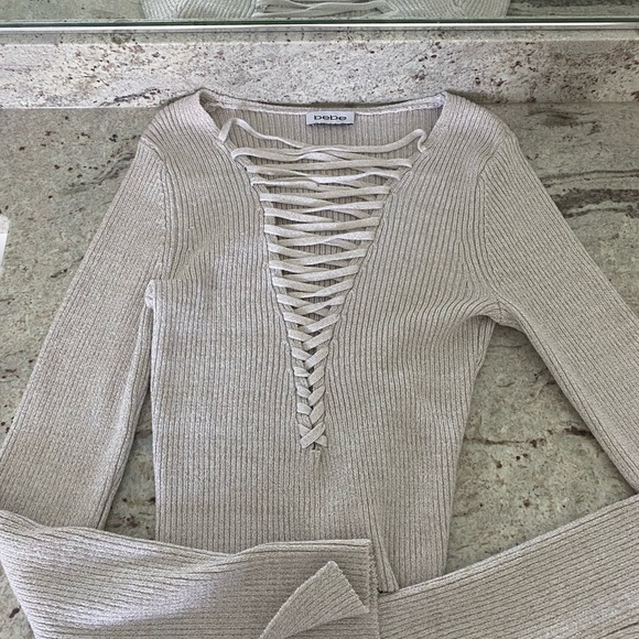 BEBE Sheri lace up Metallic cropped sweater Large - Picture 11 of 13